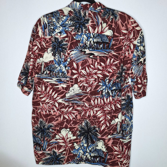 Ho Aloha Mens Hawaiian Shirt Rayon Large Surfboard House Palm Tree Burgundy Blue - Picture 5 of 5